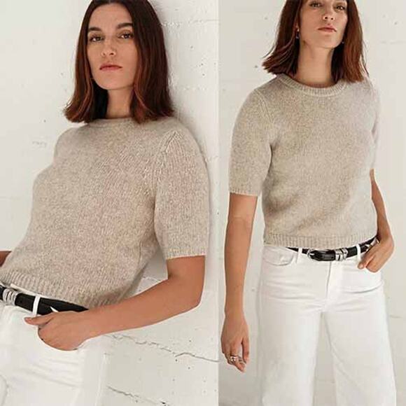 NWT W. Cashmere Brenda Short Sleeve Knitted Rounded Neckline Top Tan Size: Large - Picture 1 of 8